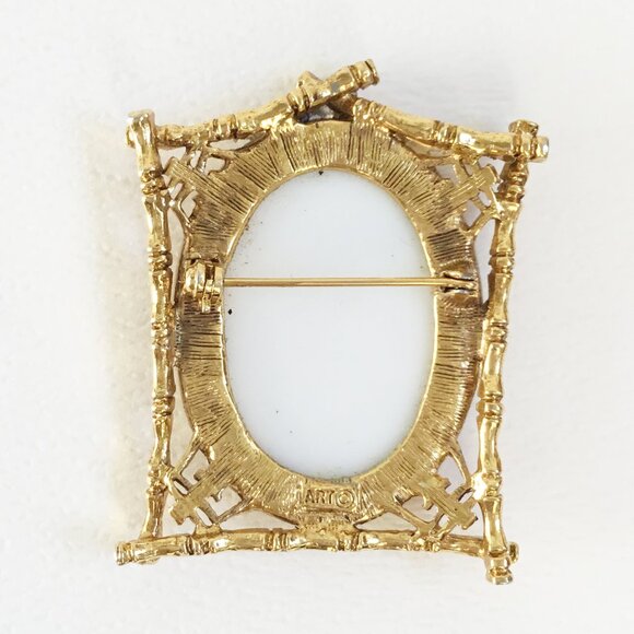 Vintage Art Arthur Pepper Asian Geisha Cameo Porcelain Gold Tone Bamboo Brooch - Picture 4 of 4